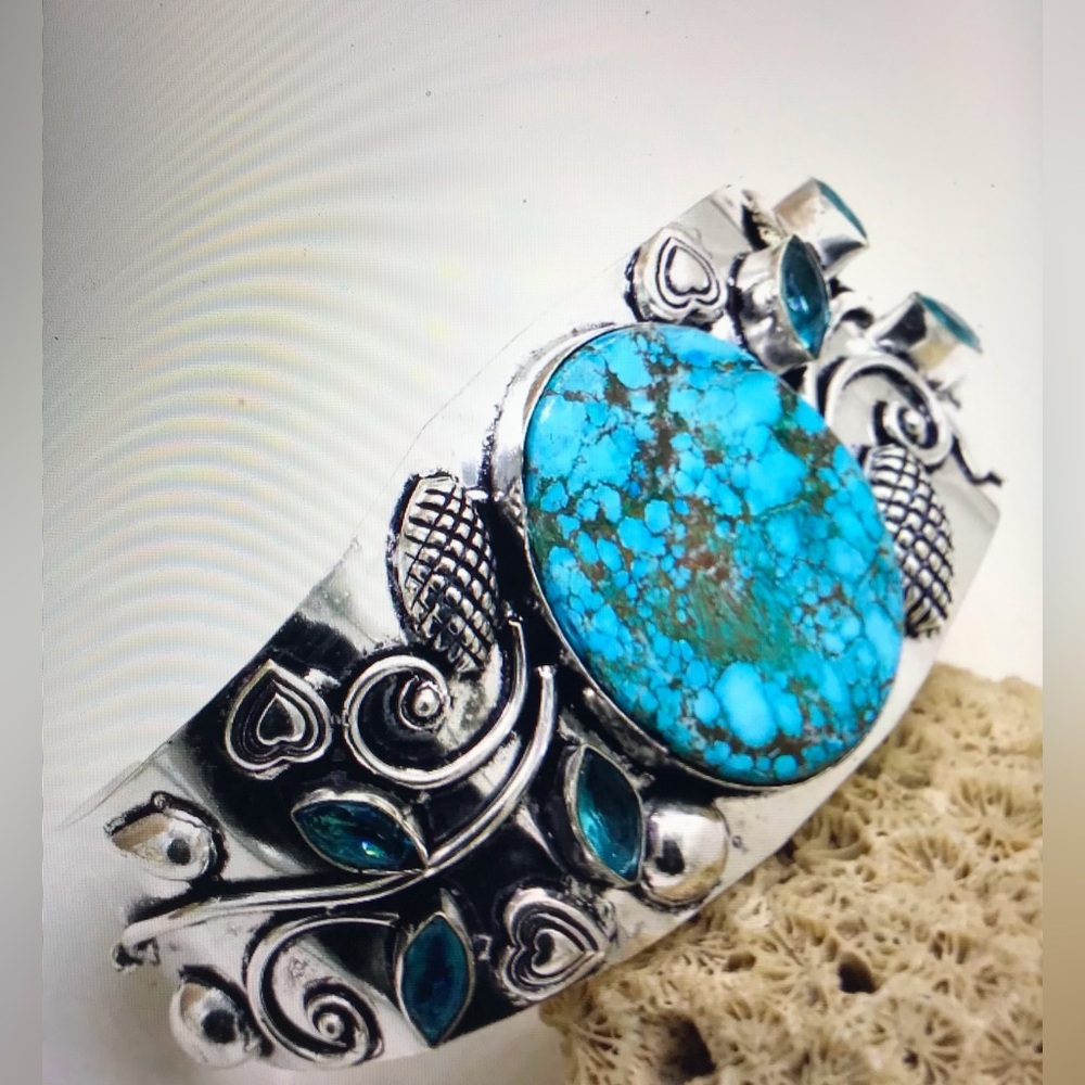 Turquoise Blue Topaz Stamped 925 Sterling Silver Cuff Bracelet